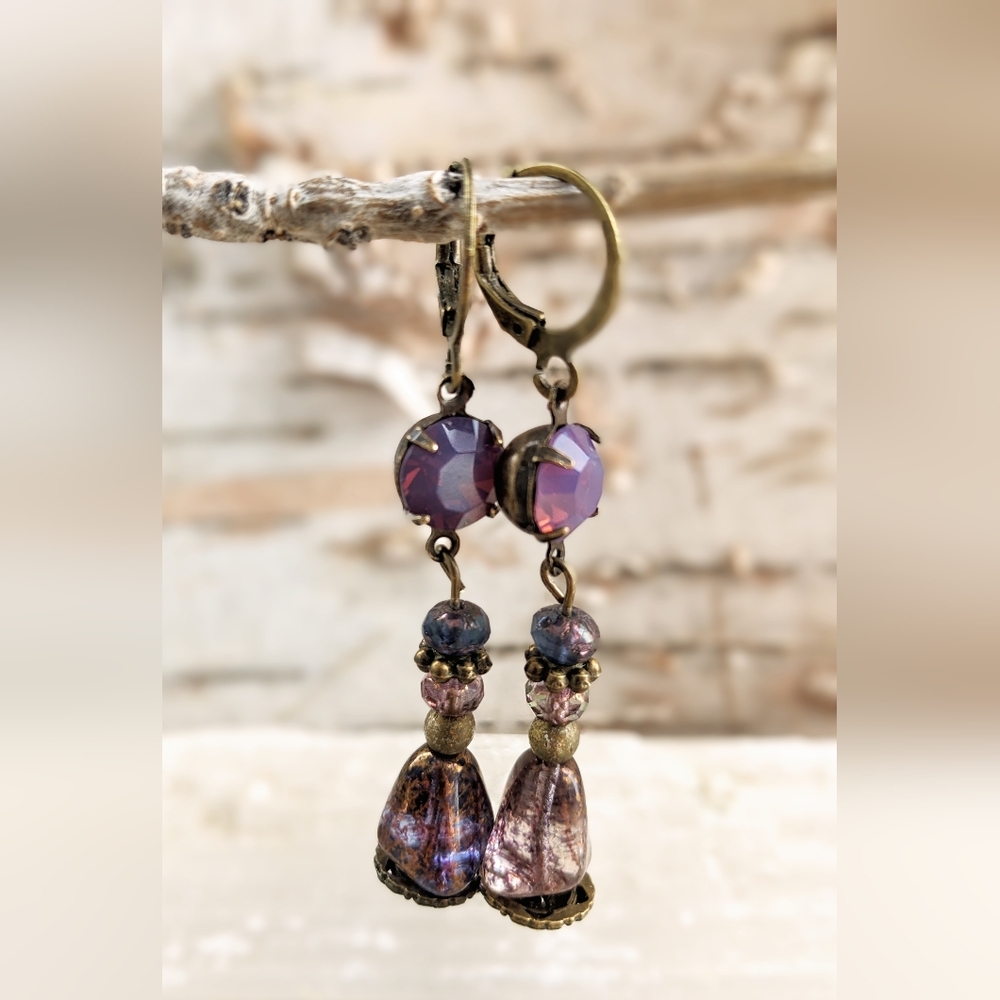Victorian Purple Amethyst Opal Crystal & Glass Drop Earrings In Brass - Picture 3 of 6
